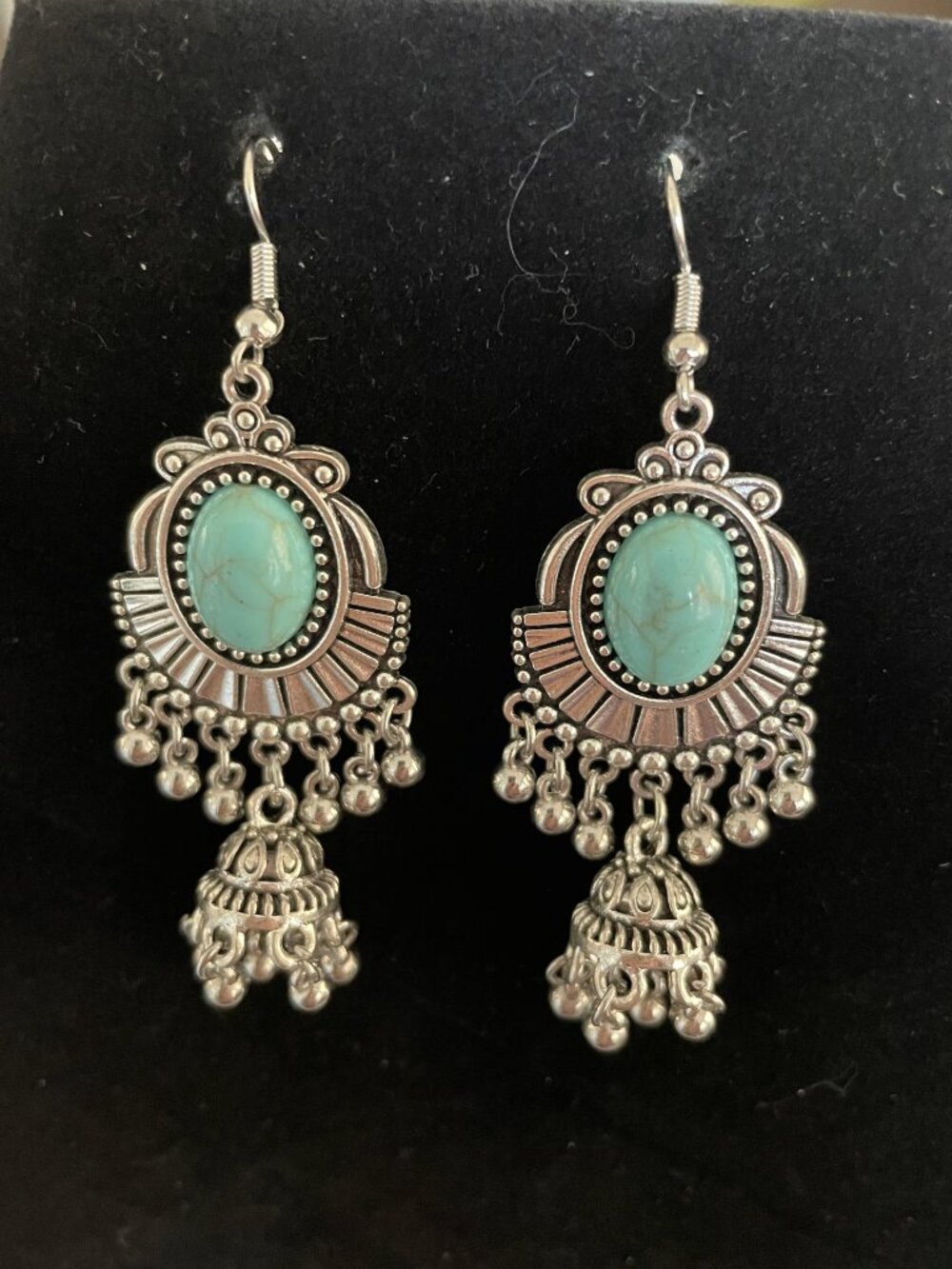 Southwestern Faux Turquoise and Silver Metal Pierced Earrings - Picture 3 of 4